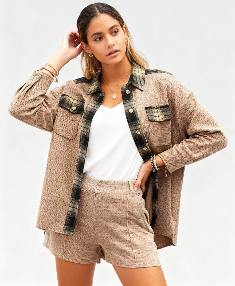 Women’s Long Sleeve Button-Down Shirt Jacket with Plaid Trim – Soft Stretch Fabric