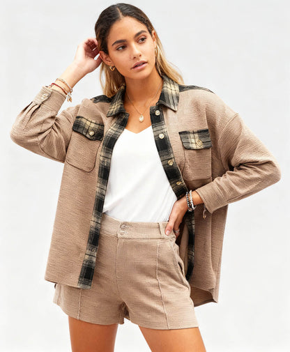 Women’s Long Sleeve Button-Down Shirt Jacket with Plaid Trim – Soft Stretch Fabric