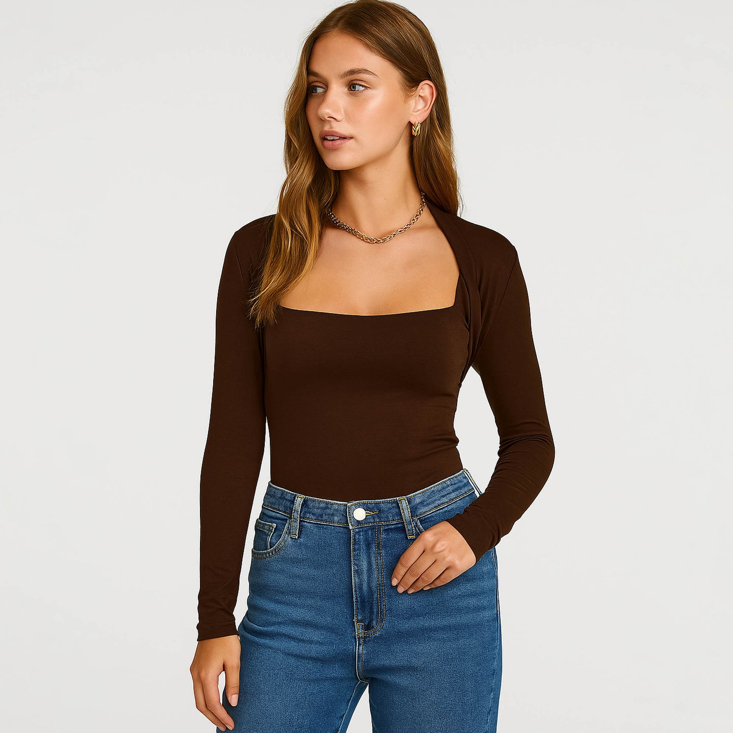 Cherie Code Women’s Square Neck Top – Rib Knit, Long Sleeve, Bolero Detail