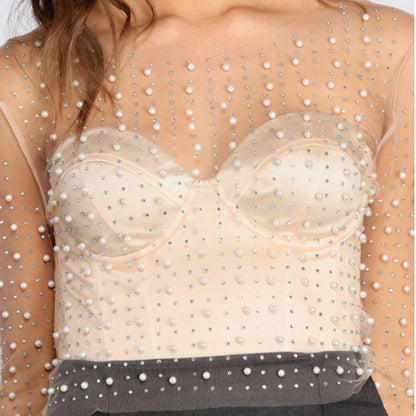 Women's Elegant Pearl & Rhinestone Sheer Top - Slim Fit Long Sleeve Layering Blouse Cherie Code