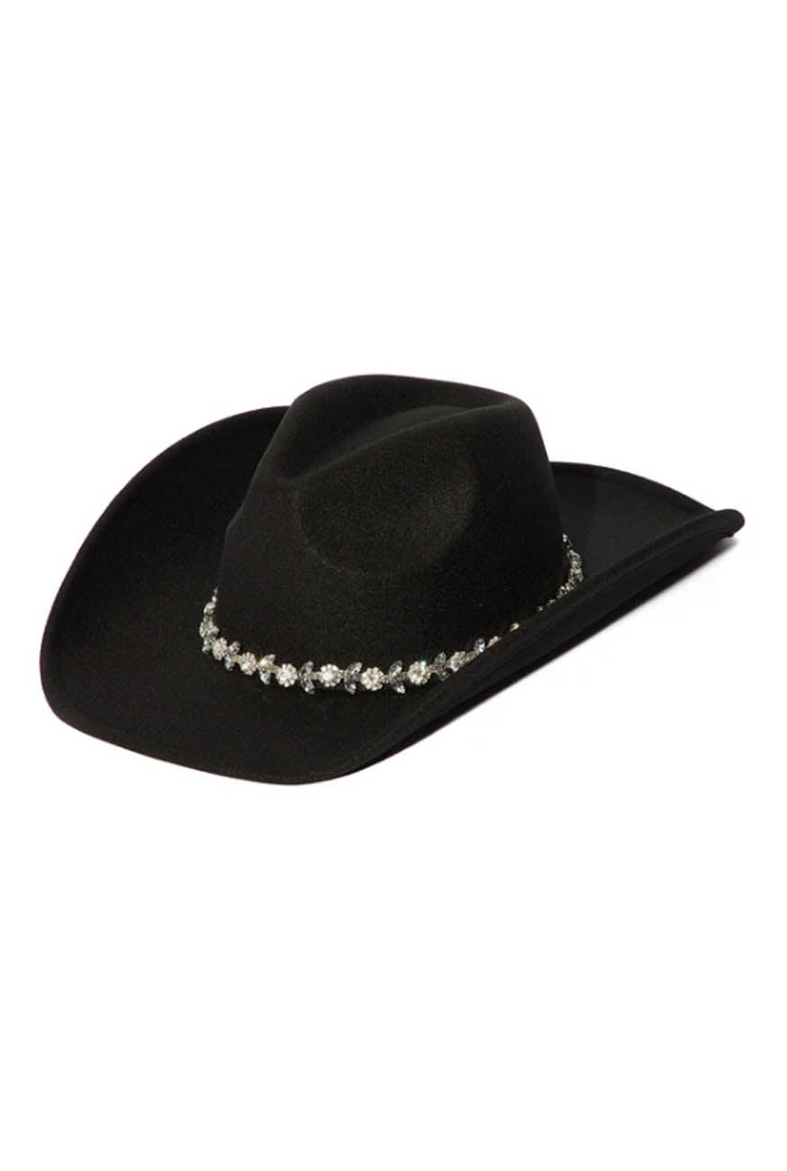 Women's Rhinestone Western Cowboy Hat – Wide Brim Cowgirl Hat with Crystal Band, Black Rodeo Concert Hat