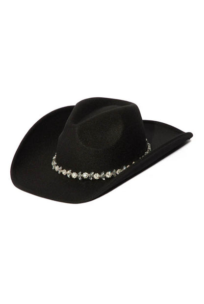 Women's Rhinestone Western Cowboy Hat – Wide Brim Cowgirl Hat with Crystal Band, Black Rodeo Concert Hat