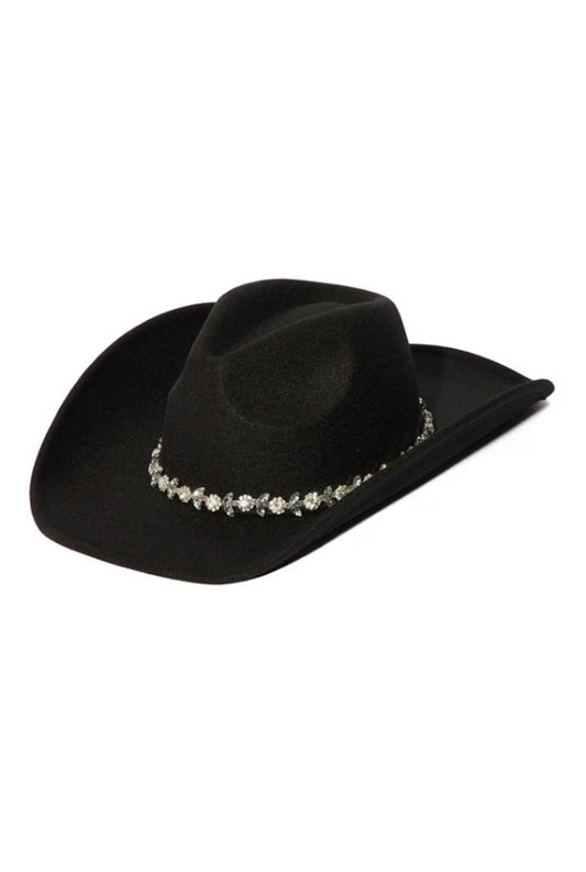 Women's Rhinestone Western Cowboy Hat – Wide Brim Cowgirl Hat with Crystal Band, Black Rodeo Concert Hat