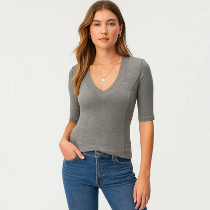 Cherie Code Women’s V-Neck Tee – Stretch Knit, Elbow Sleeve, Fitted Silhouette