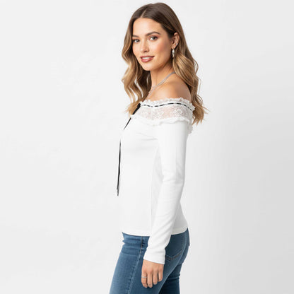 Cherie Code Women’s Off‑Shoulder Lace Trim Long Sleeve Top – Slim Fit Knit Blouse with Bow Detail