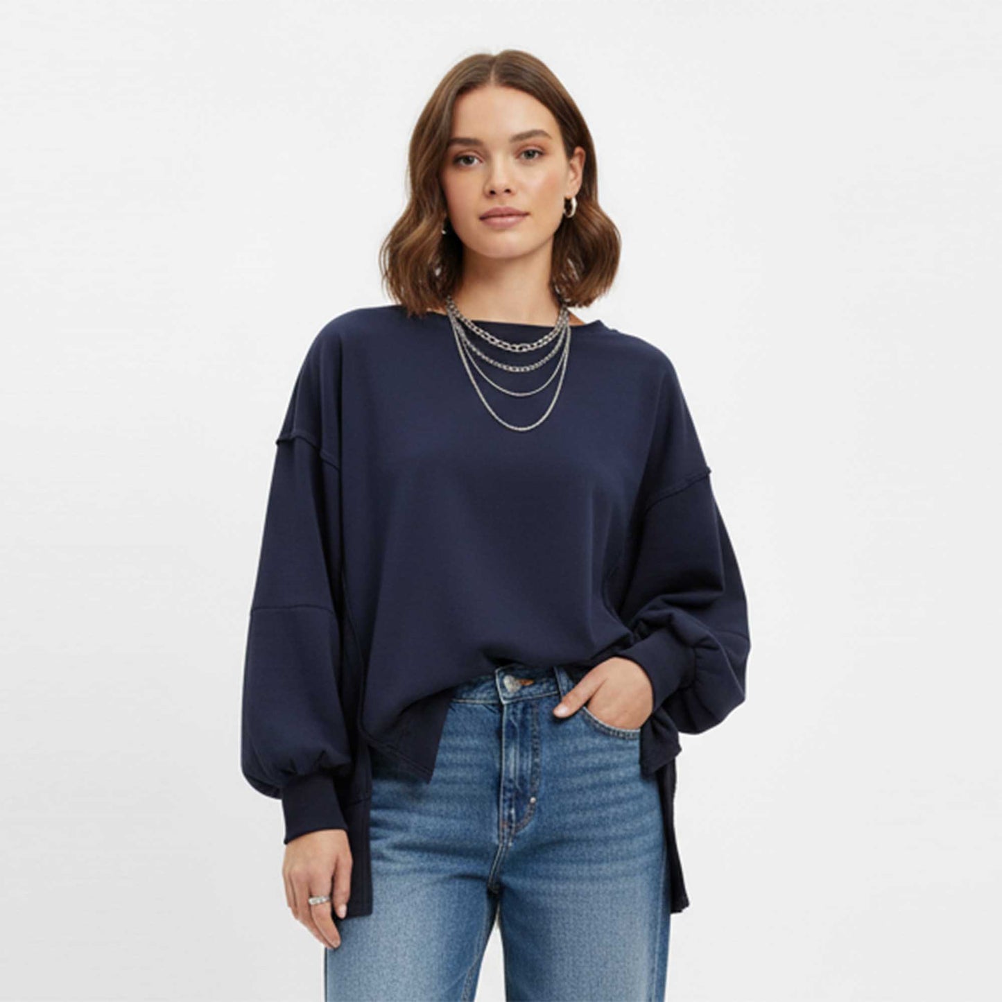 Women's Slouchy Crewneck Sweatshirt - Stretch Polyester Blend with Side Slit Details Cherie Code