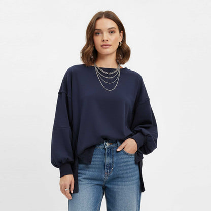 Women's Slouchy Crewneck Sweatshirt - Stretch Polyester Blend with Side Slit Details Cherie Code