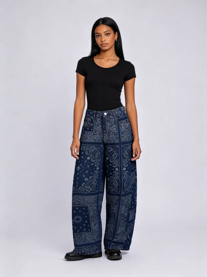 Cherie Code Women's High-Rise Wide Leg Bandana Print Jeans – Vintage Paisley Patchwork Denim Pants, Relaxed Fit Casual Streetwear