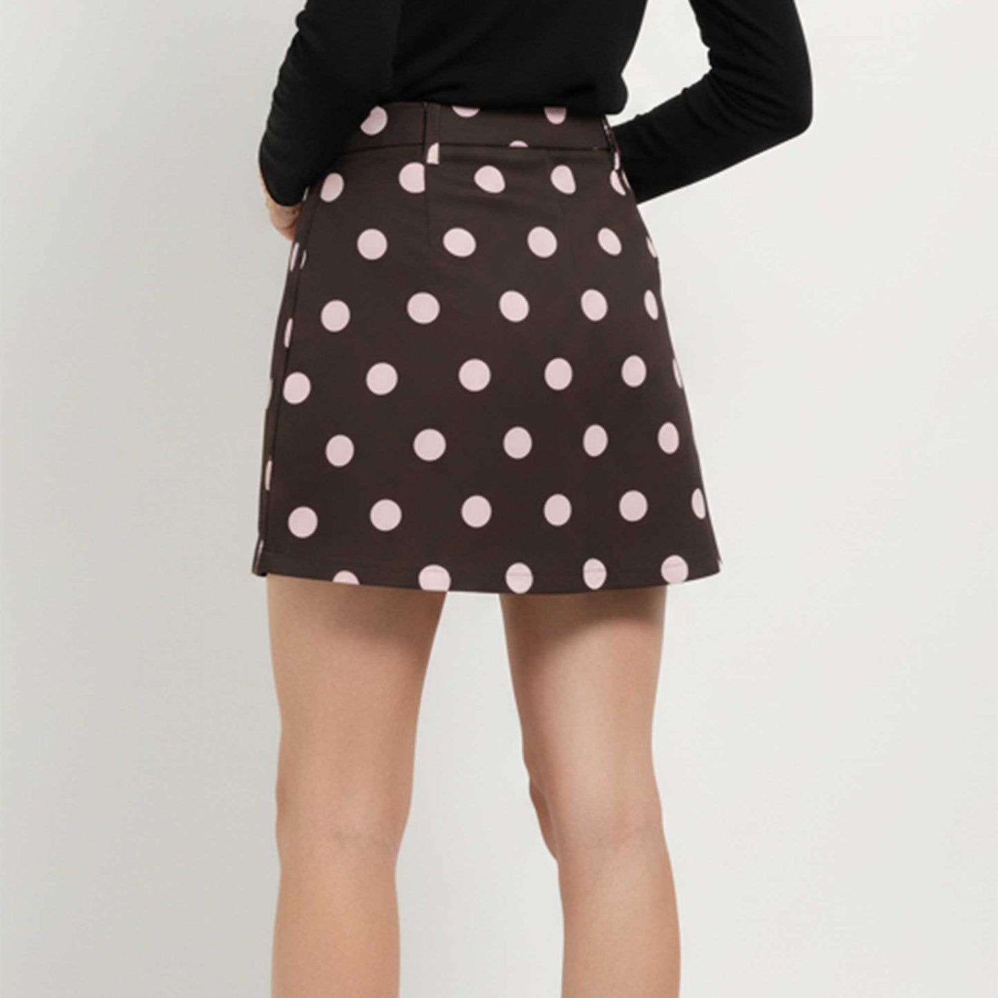 Cherie Code Women’s Polka‑Dot A‑Line Mini Skirt – Brown with Pink Dot Print Casual Chic