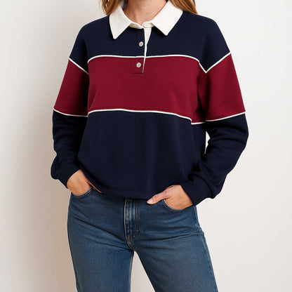 Women's Colorblock Polo Collar Long Sleeve Sweatshirt – Casual Pullover Top for Fall by Cherie Code
