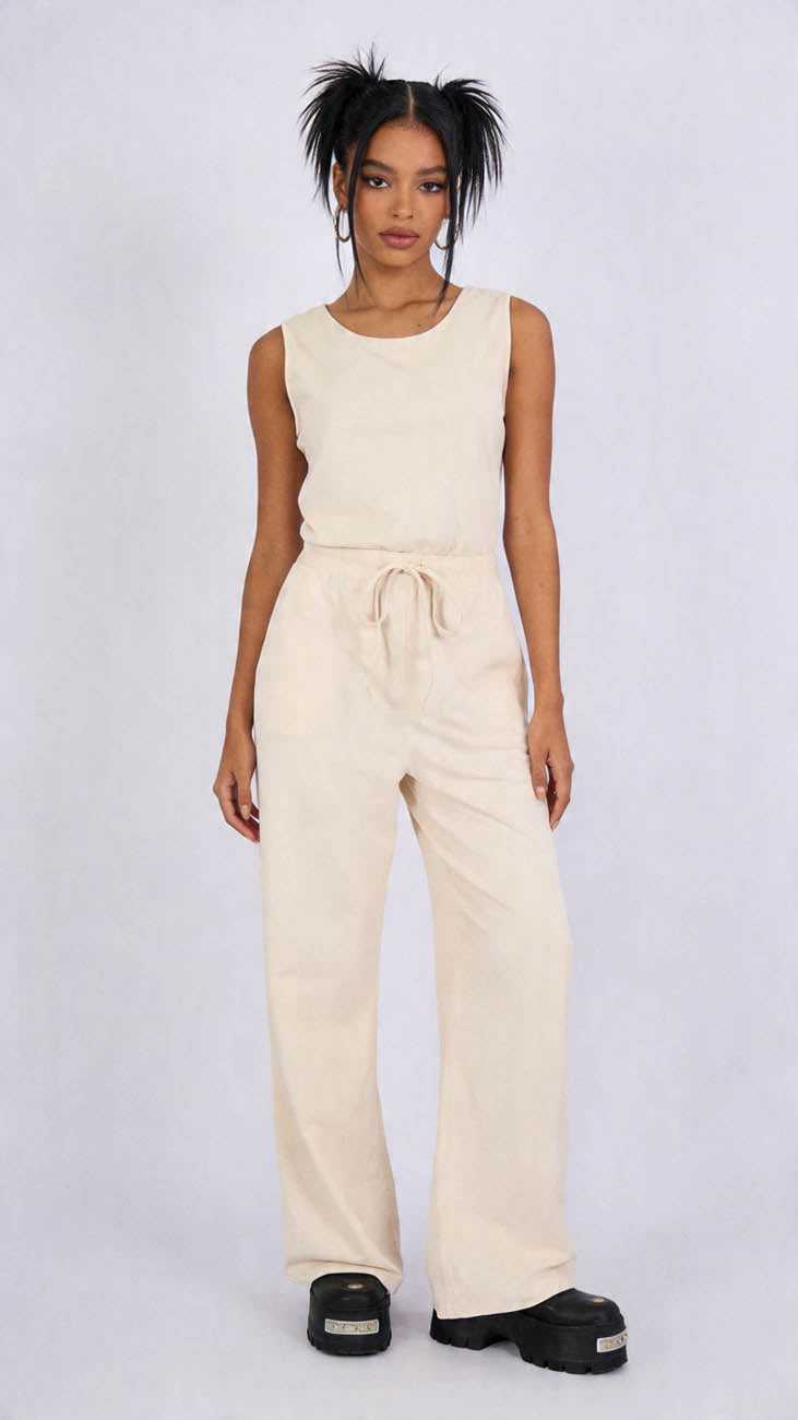 Cherie Code Women's Sleeveless Wide Leg Jumpsuit –  Soft Relaxed Fit Lounge Jumpsuit with Elastic Waist & Drawstring