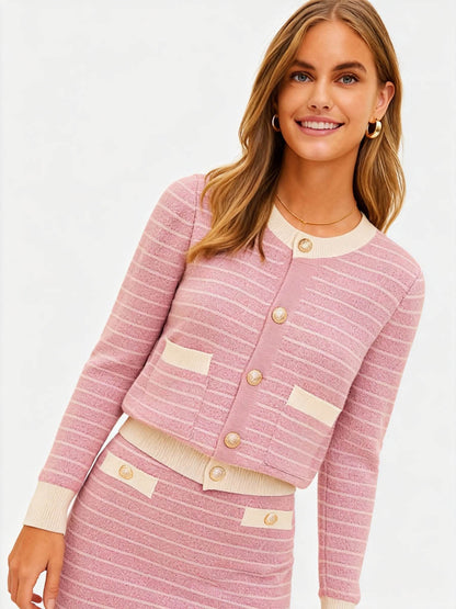 2-Piece Knit Set Women’s Pink & Cream Stripe Cardigan and Skirt – Long Sleeve, Button-Front, Fitted Silhouette