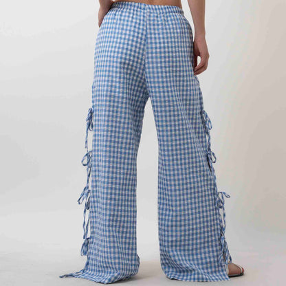Women Everyday Checked Elastic Waist Side Strape Bowtie Casual Loungewear Pants Cherie Code