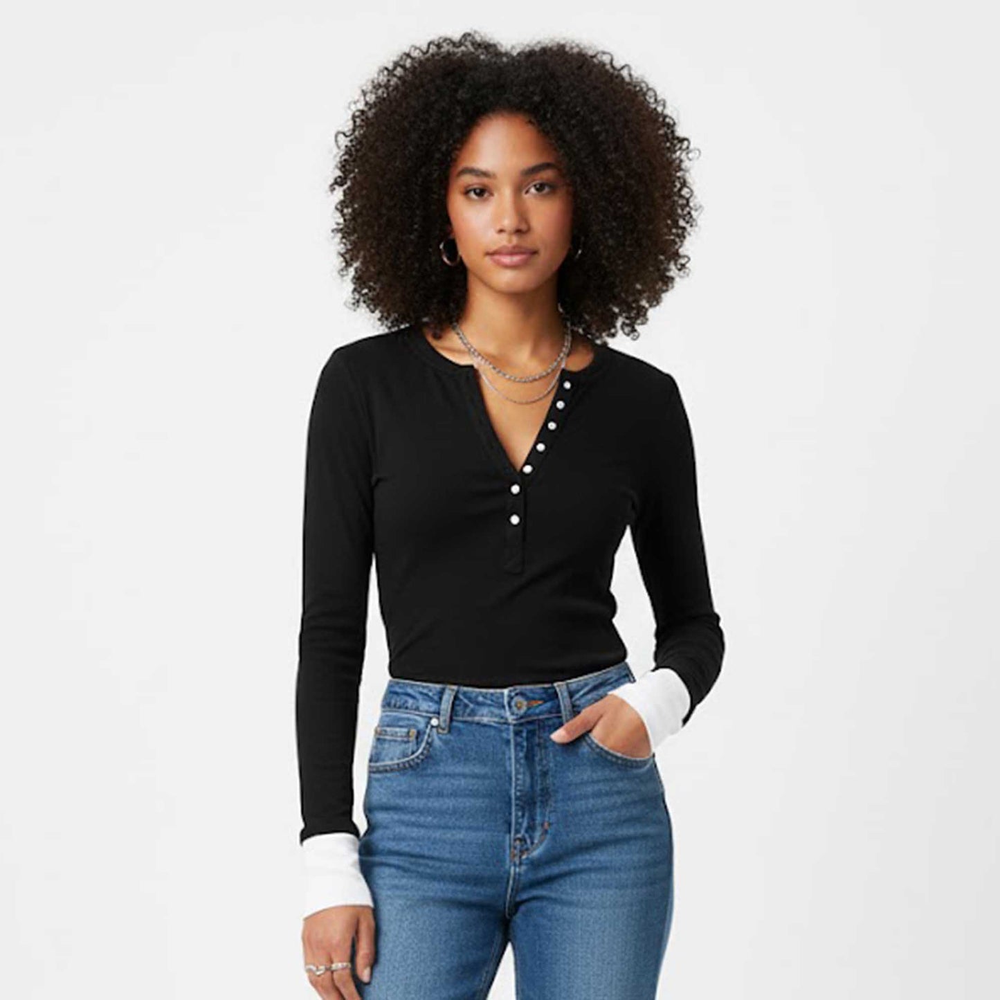 Cherie Code Women’s Henley Top – Rib Knit, Long Sleeve, Contrast Detail