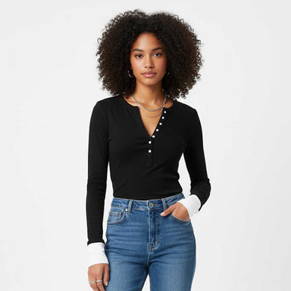 Cherie Code Women’s Henley Top – Rib Knit, Long Sleeve, Contrast Detail