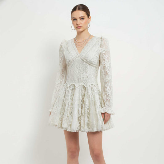 Cherie Code Women’s White Lace V‑Neck Mini Dress – Romantic Long‑Sleeve Fit & Flare Evening Dress