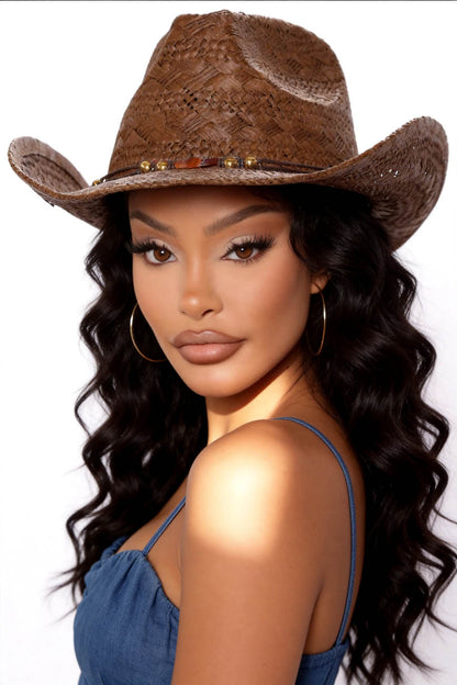 Unisex Woven Cowboy Hat – Western Style Straw Sun Hat with Beaded Band, Lightweight Wide Brim Brown Ranch Ha