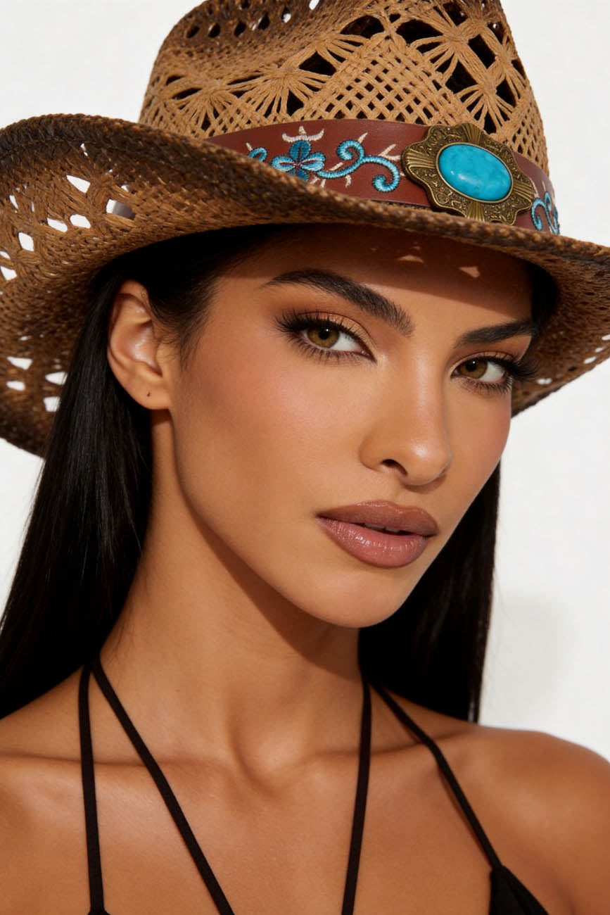 Cherie Code Women's Turquoise Accent Western Straw Cowboy Hat, Breathable Openwork Sun Hat