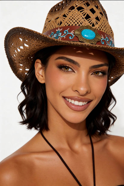 Cherie Code Women's Turquoise Accent Western Straw Cowboy Hat, Breathable Openwork Sun Hat