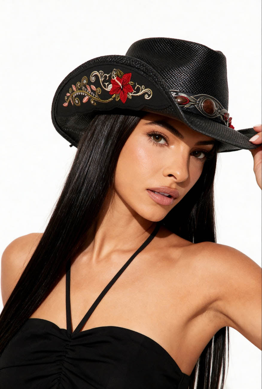 Unisex Embroidered Cowboy Hat – Western Style Wide Brim Hat with Floral Detail & Decorative Band, Black Festival Ranch Hat