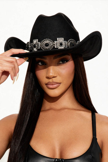 Cherie Code Western Style Black Cowboy Hat, Wide Brim with Concho Details